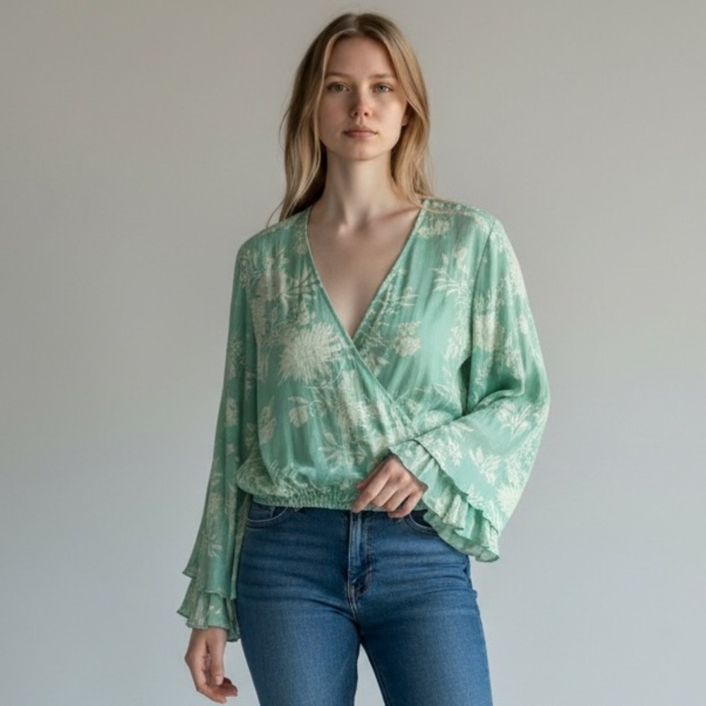 AMUSE Womens Mint Green Floral Wrap Long Sleeve Boho Blouse Top Size Large